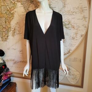 Catherine's black short sleeve duster cover up fringe bottom swimsuit western 1X